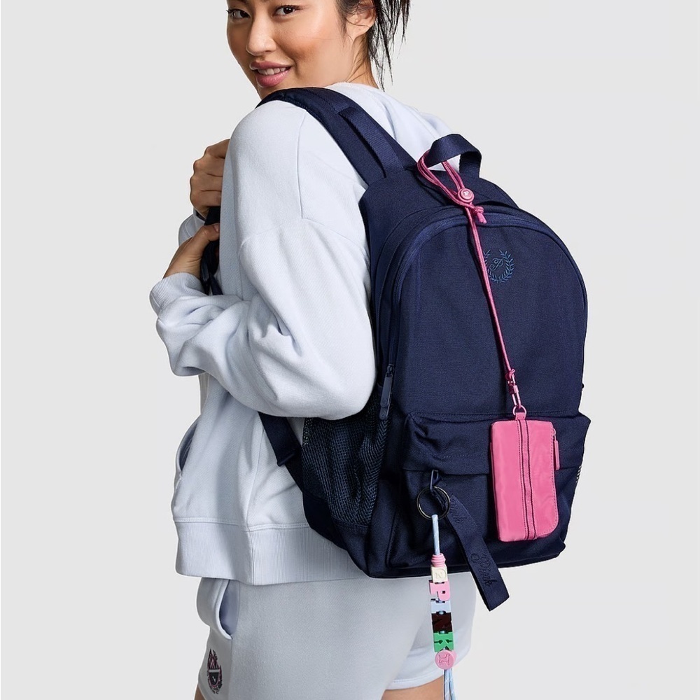 VS Pink Ivy Classic Canvas Backpack in Midnight Navy adjustable polyester zipper - Picture 4 of 10